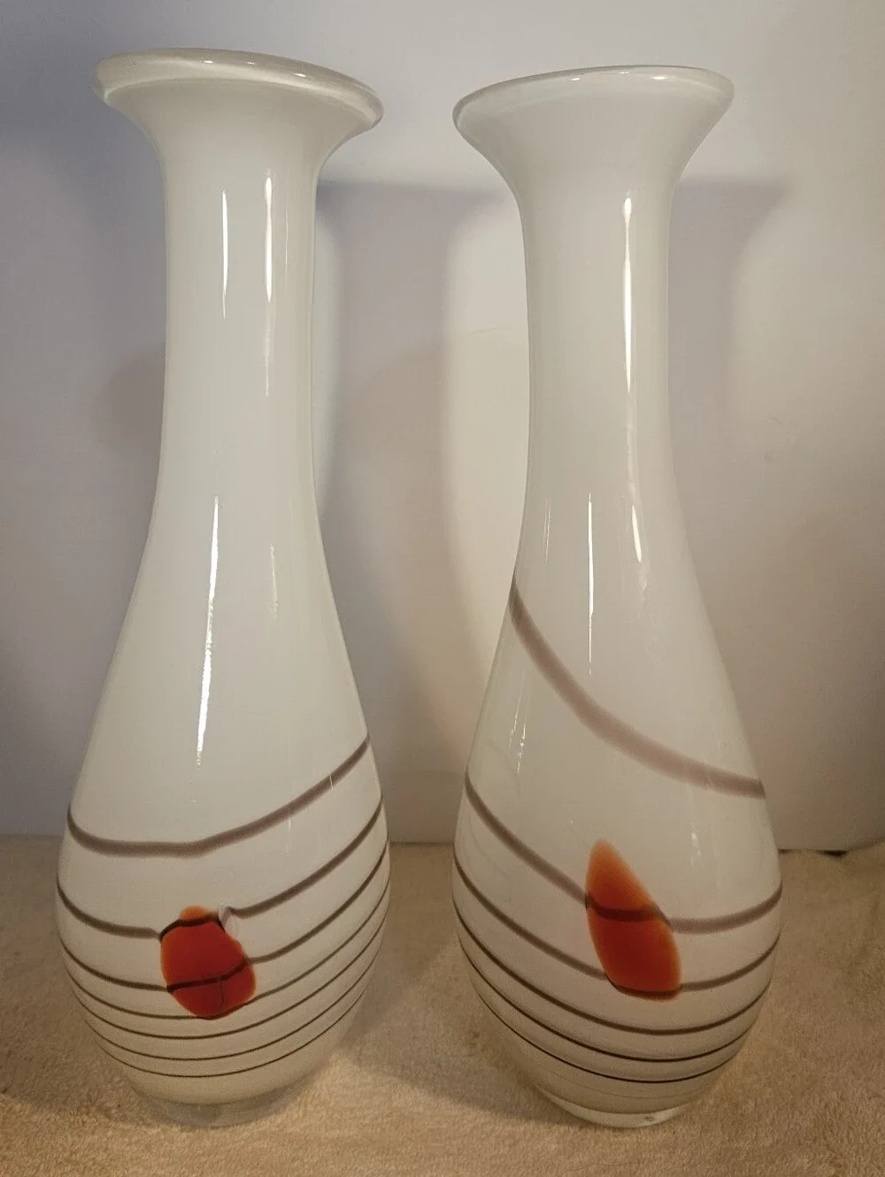 Tall 14” Vintage MCM Murano Style White Cased Glass Vase Striped Red Accent